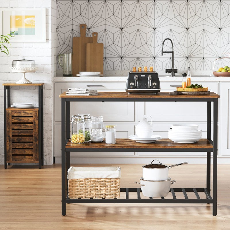 Kitchen island with wooden top and metal frame in a modern kitchen setting.