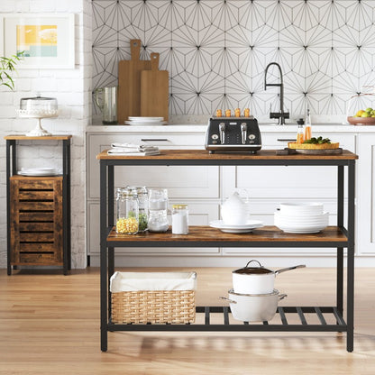 Kitchen island with wooden top and metal frame in a modern kitchen setting.