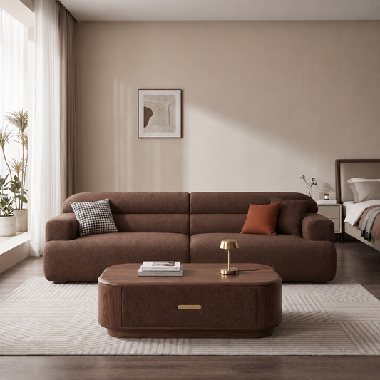 Modern  brown sectional sofa and wooden coffee table.