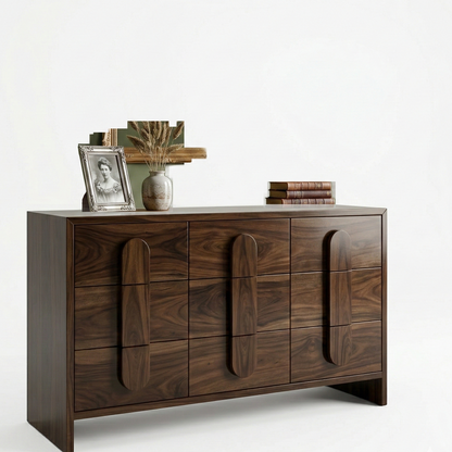 Wooden dresser with decorative items on a white background