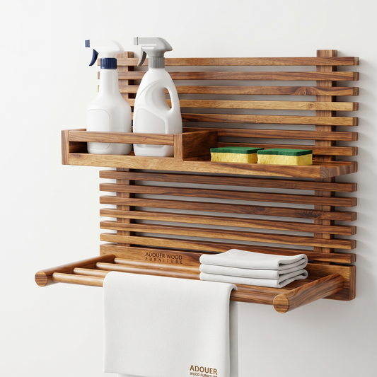 A wall-mounted wooden bathroom shelf set with three tiers, shown against a white wall. The set includes a top shelf with two white bottles and two green-and-yellow sponge ,a middle shelf with two folded white towels, and a lower towel bar holding a folded white towel.