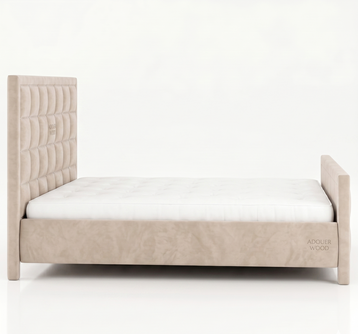 Beige bed with white mattress on a white background