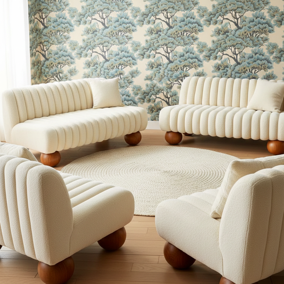 Beige sofa set with wooden legs in a room with floral wallpaper.