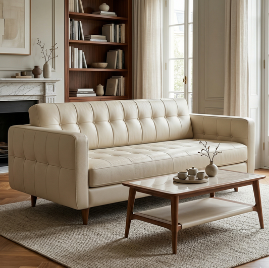 Beige sofa in a living room with a coffee table and bookshelf.