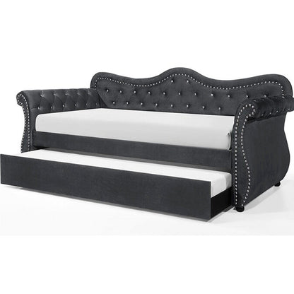 Black upholstered daybed with white mattress on a white background