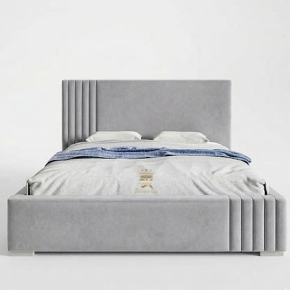 Gray upholstered bed with a headboard on a white background