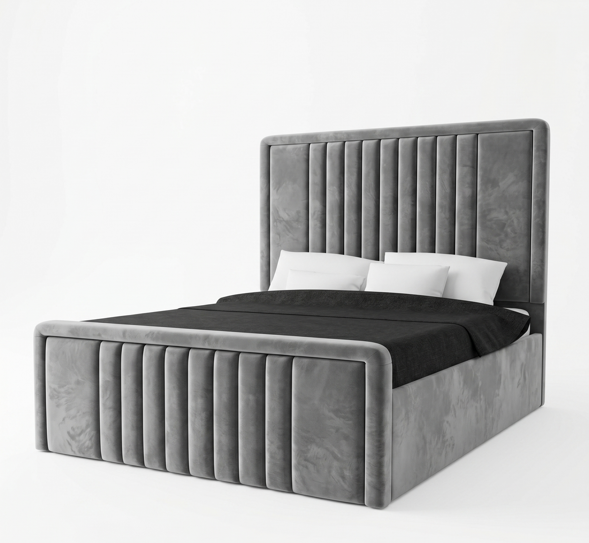 Gray upholstered bed with black bedding on a white background