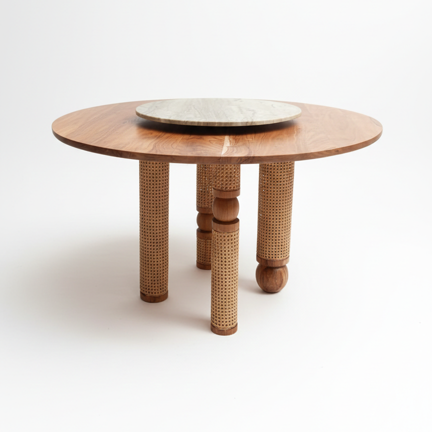 Round wooden table with woven legs on a white background
