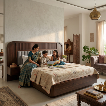 Family sitting on a wooden bed in a well-decorated room with plants and furniture.