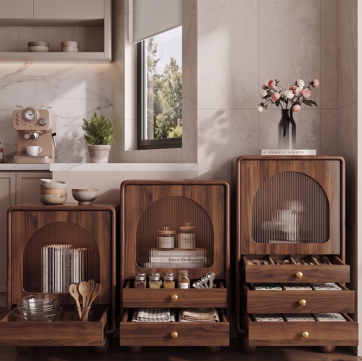 Set of wooden kitchen organizers with various items in a modern kitchen setting.