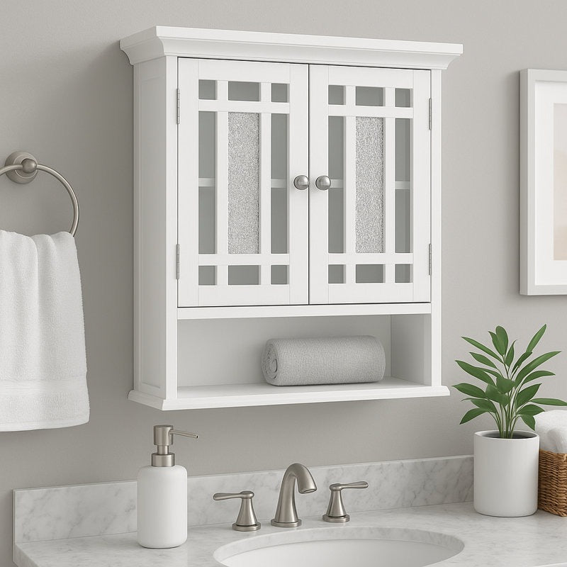 White bathroom cabinet with glass doors above a sink, featuring a plant and toiletries.