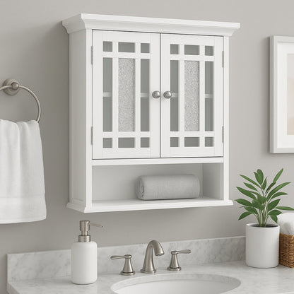 White bathroom cabinet with glass doors above a sink, featuring a plant and toiletries.