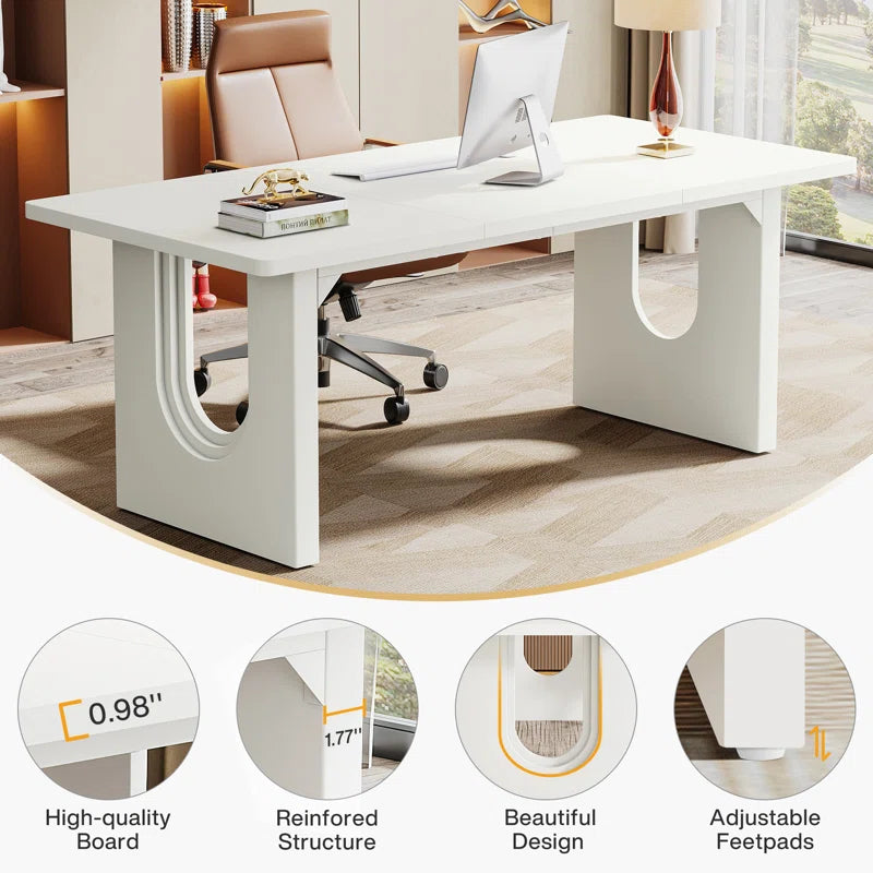 White office desk with computer setup in a modern office setting, featuring high-quality board, reinforced structure, beautiful design, and adjustable feetpads.