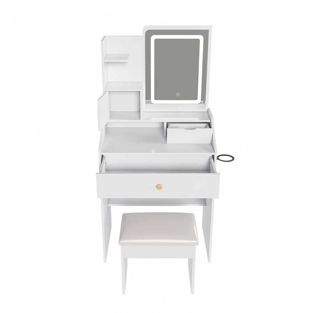 White vanity table with mirror and stool on a white background