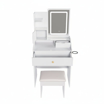 White vanity table with mirror and stool on a white background