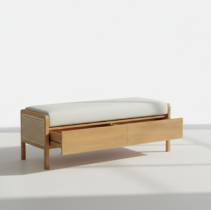 Wooden bench with a white cushion on a light gray background