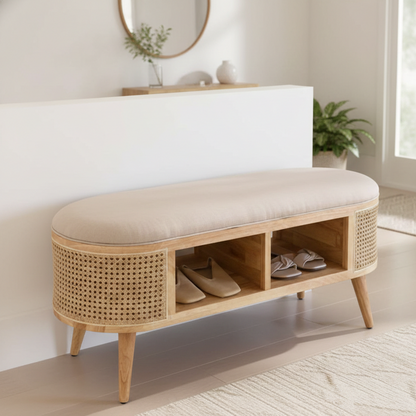 Wooden bench with woven design and cushioned seat in a room setting.