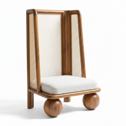 Wooden chair with a white cushion on a white background