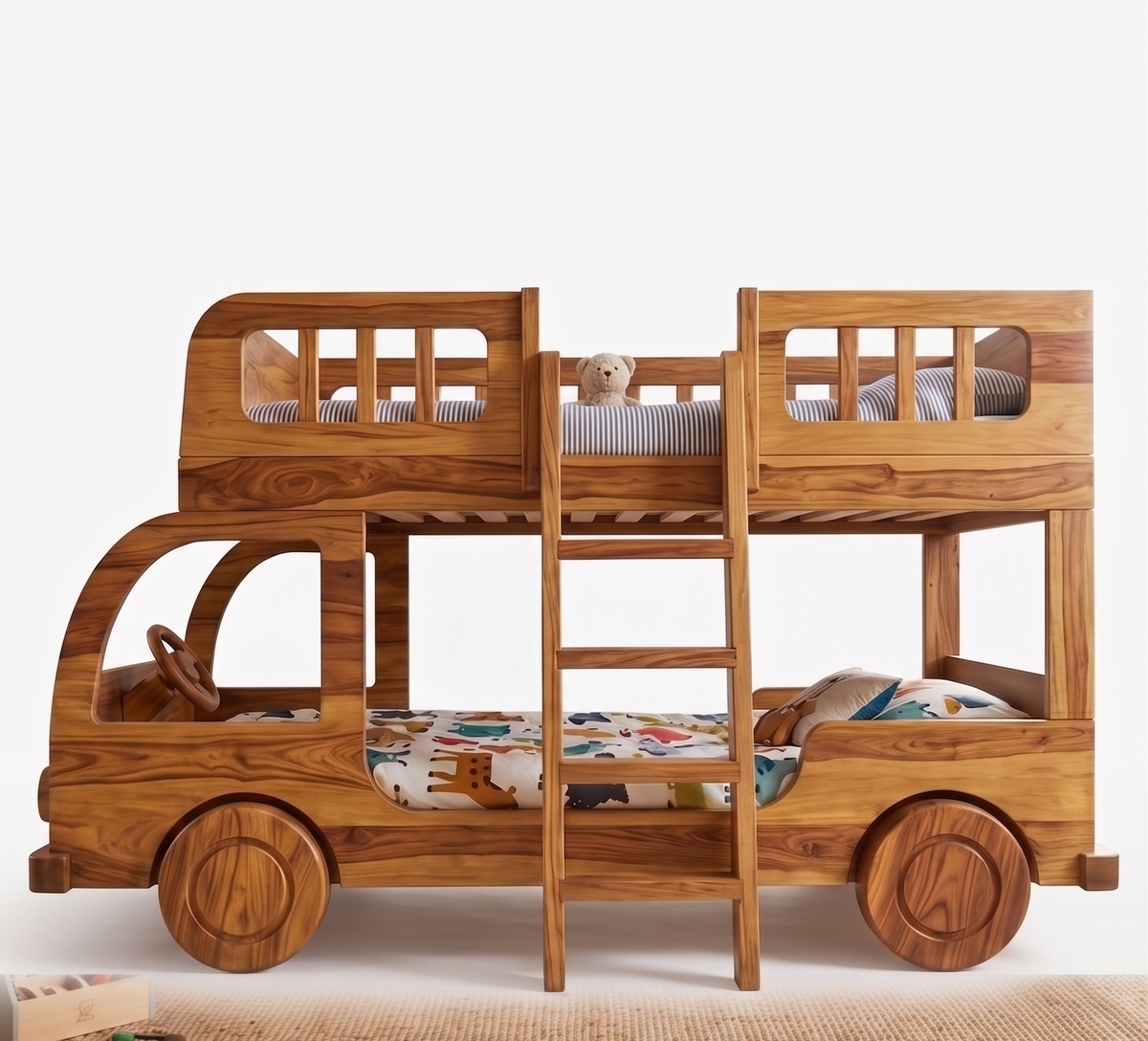 Wooden children's bed designed like a car with two levels and a ladder.