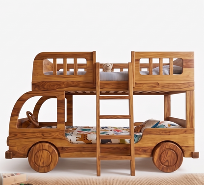 Wooden children's bed designed like a car with two levels and a ladder.