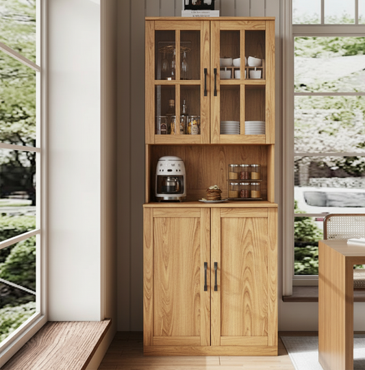 Wooden kitchen cabinet with glass doors and shelves in a bright room with large windows.