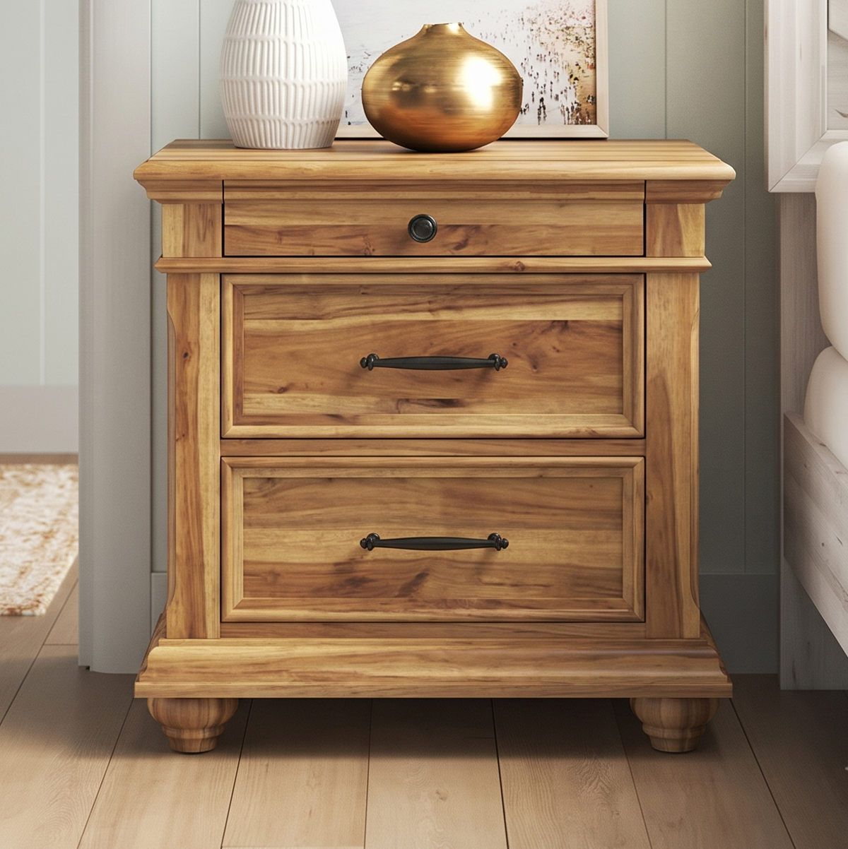 Wooden nightstand with three drawers 