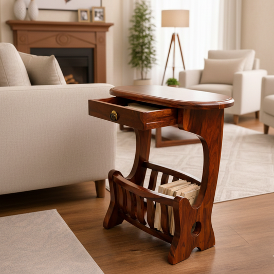 Wooden side table with a drawer in a living room setting