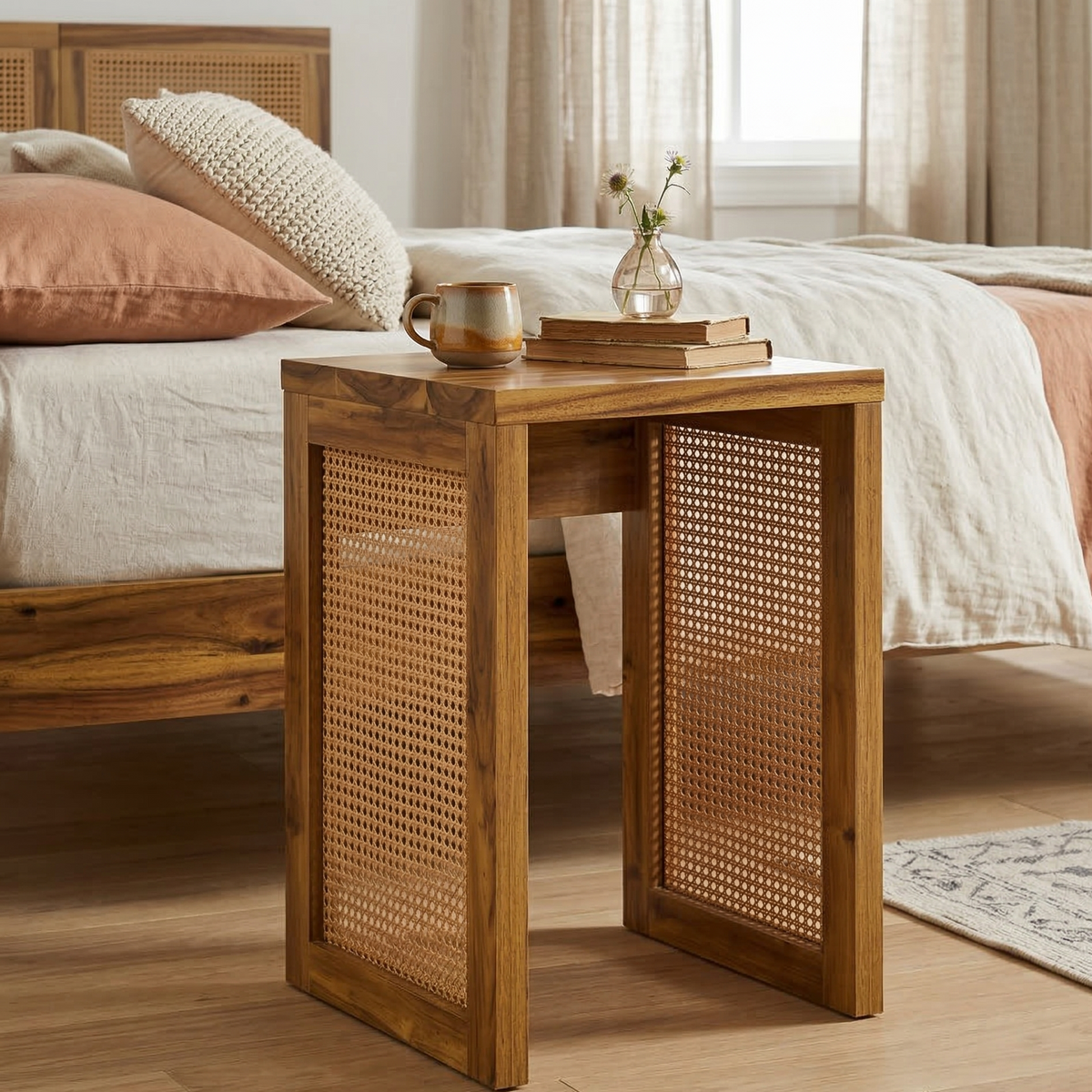 Wooden side table with wicker design next to a bed in a bedroom.