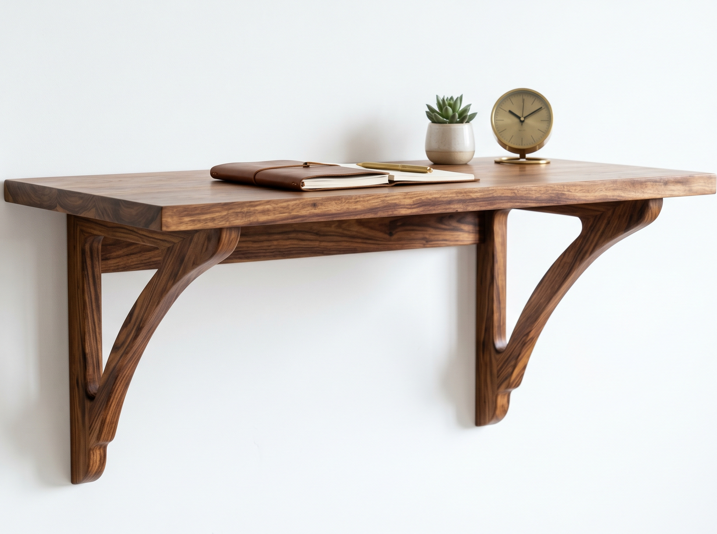 Luxury Wooden wall-mounted desk with decorative items on a white background