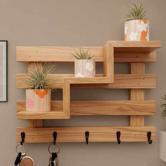 Wooden wall shelf with planters and hooks against a beige wall