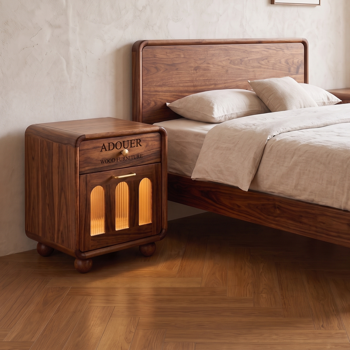 A dark walnut wood nightstand with the brand name 'ADOUER' engraved on the front, styled next to a matching wooden bed frame in a minimalist bedroom setting.