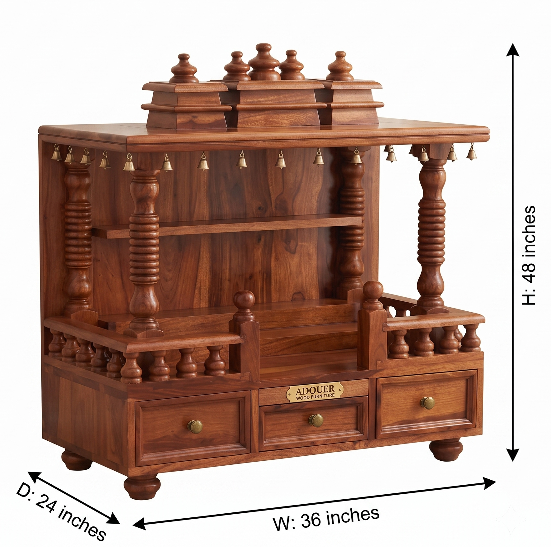 A wooden altar cabinet shown on a white background with dimension arrows and labels indicating height 48 inches, width 36 inches, and depth 24 inches. The cabinet is made of medium brown wood with carved details, small brass bells along the top edge, and a brass plate reading 'ADOUER'.