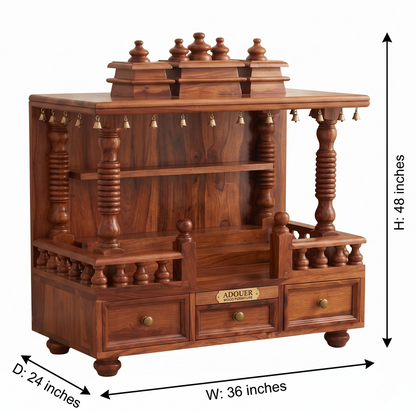 A wooden altar cabinet shown on a white background with dimension arrows and labels indicating height 48 inches, width 36 inches, and depth 24 inches. The cabinet is made of medium brown wood with carved details, small brass bells along the top edge, and a brass plate reading 'ADOUER'.