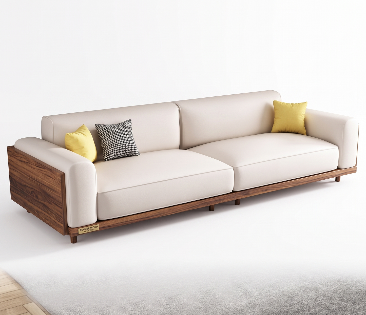 A modern three-seat sofa with cream-colored leather cushions and a dark wood frame, styled with two yellow pillows and one black-and-white checkered pillow on a light gray rug against a white background.