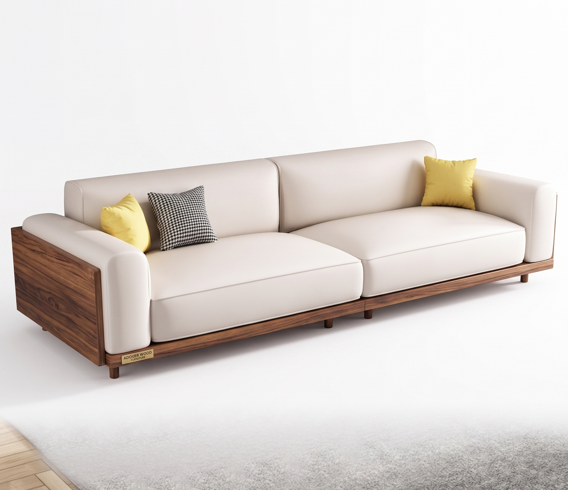 A modern three-seat sofa with cream-colored leather cushions and a dark wood frame, styled with two yellow pillows and one black-and-white checkered pillow on a light gray rug against a white background.