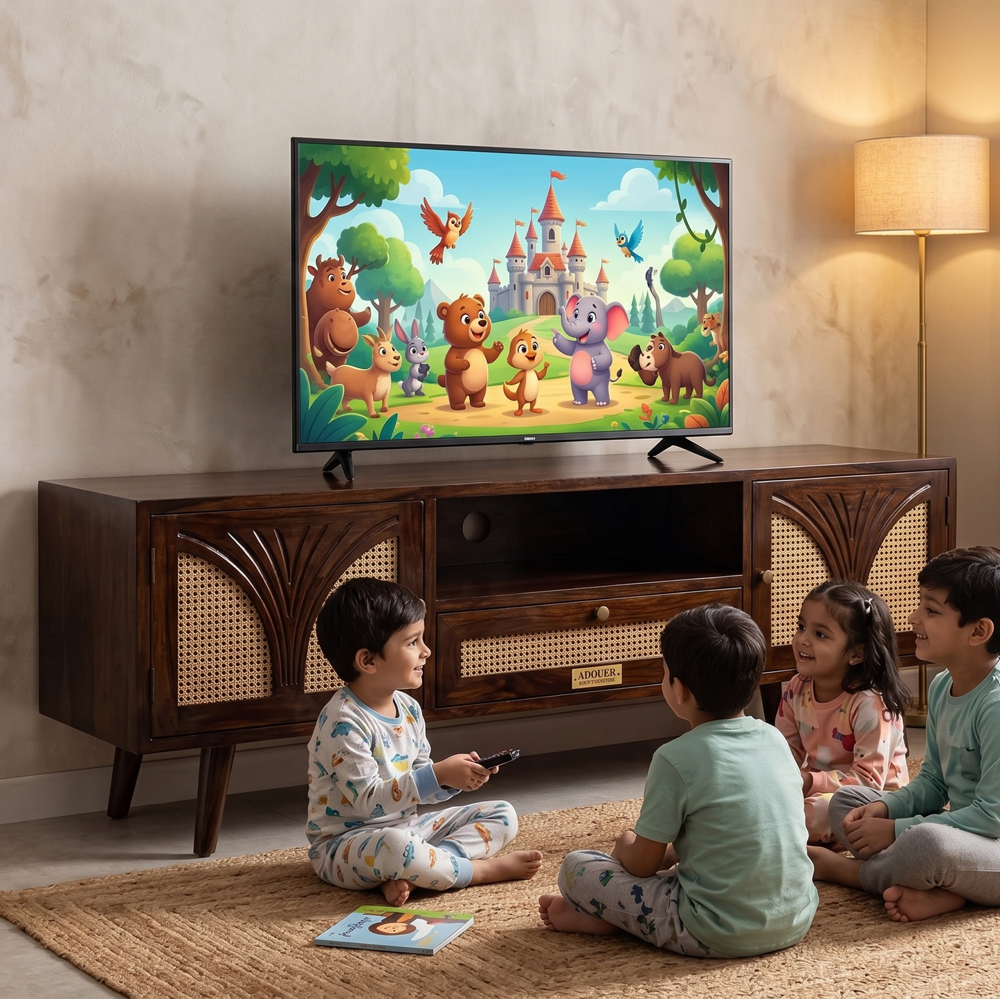 A family sits on a woven rug in a cozy living room, watching a cartoon TV show on a dark wood media console. The TV displays colorful cartoon animals in front of a castle.