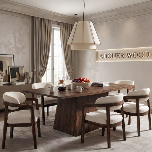 Dining room with wooden table and chairs, featuring 'ADOUER WOOD' branding.