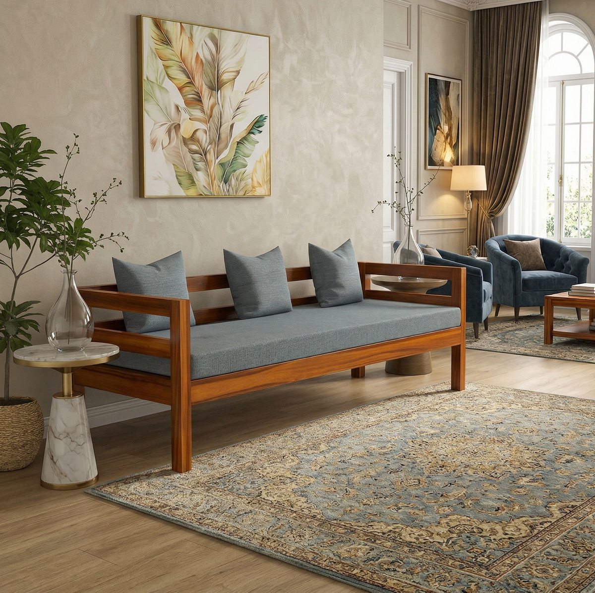 Living room with wooden sofa, gray cushions, and decorative elements.