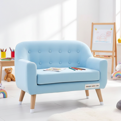 Light blue children's chair in a room with toys and a whiteboard.