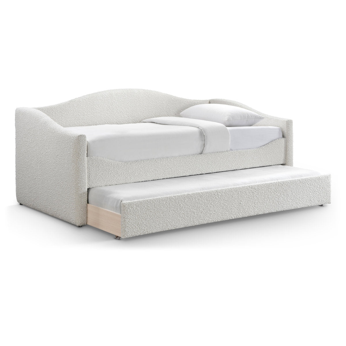 Light gray sofa bed with a pull-out trundle on a white background