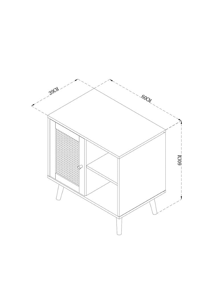 Line drawing of a small cabinet with dimensions on a white background