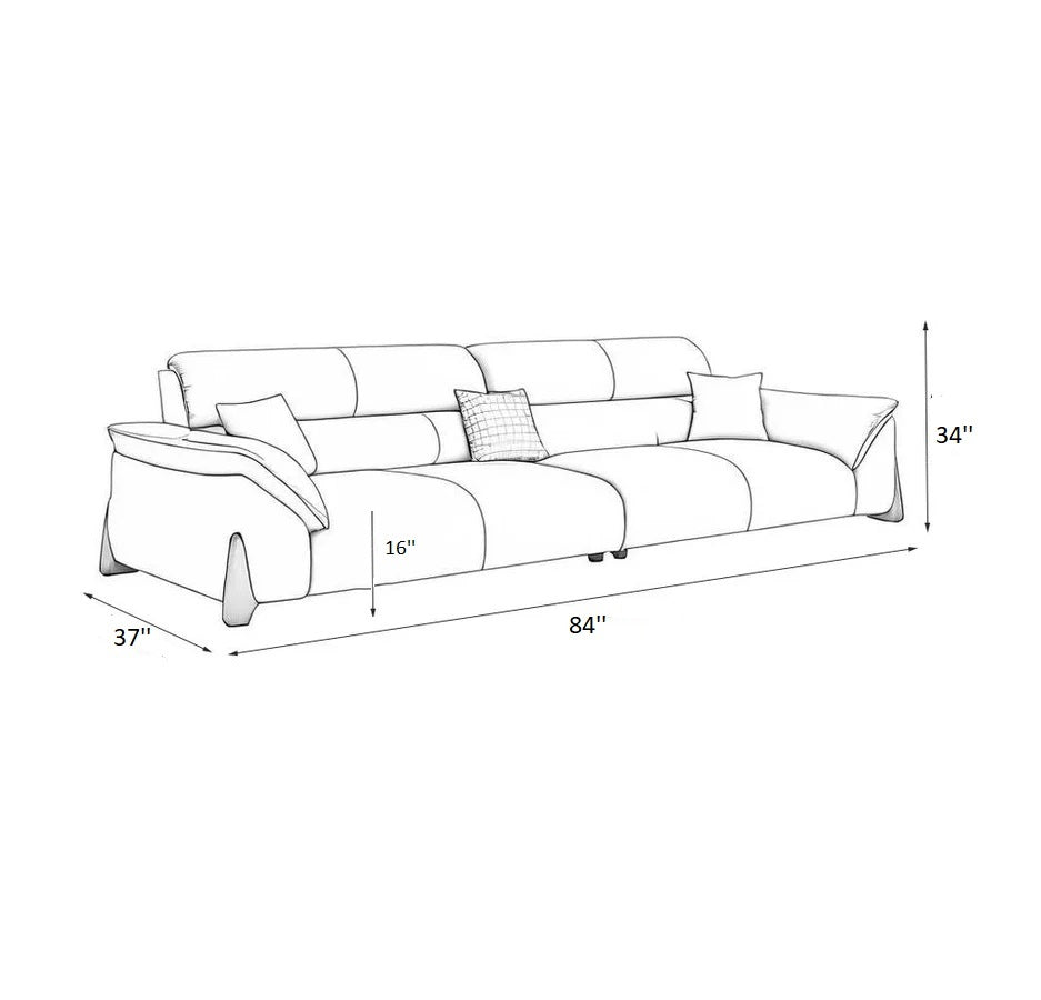 Line drawing of a sofa with dimensions on a white background