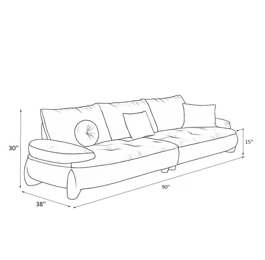 Line drawing of a sofa with dimensions labeled