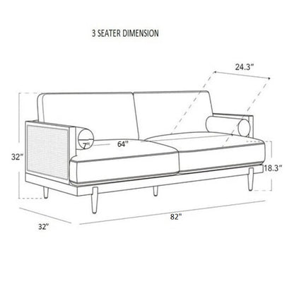 Line drawing of a three-seater sofa with dimensions labeled