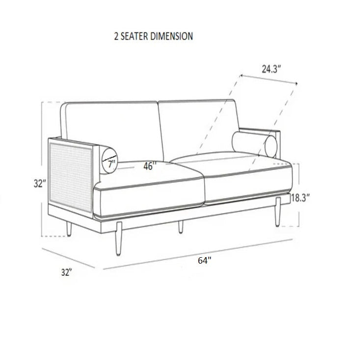 Line drawing of a two-seater sofa with dimensions labeled