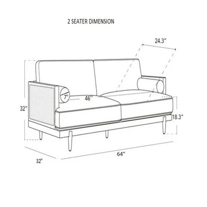 Line drawing of a two-seater sofa with dimensions labeled