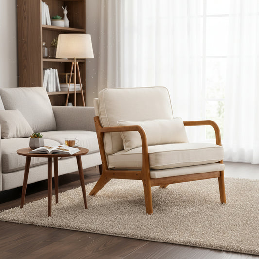 Living room with beige sofa, armchair, and side table.