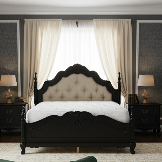 Luxurious bedroom with a black bed, green chair, and white curtains.