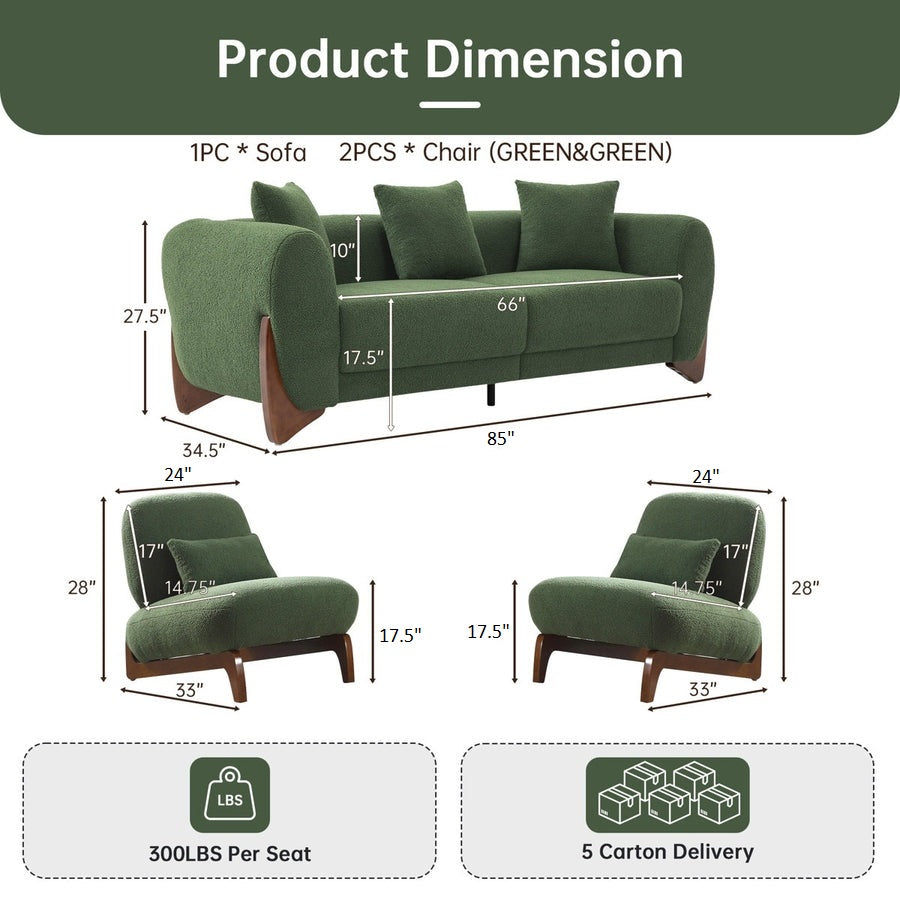 Green sofa and chairs with dimensions and weight capacity displayed