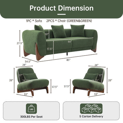 Green sofa and chairs with dimensions and weight capacity displayed
